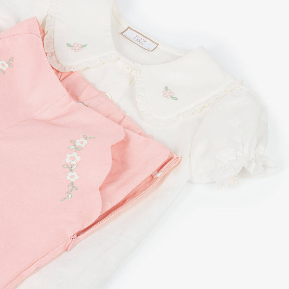 PAZ Rodríguez-Girls Ivory & Pink Trouser Set with Floral Embroidery | Childrensalon Outlet