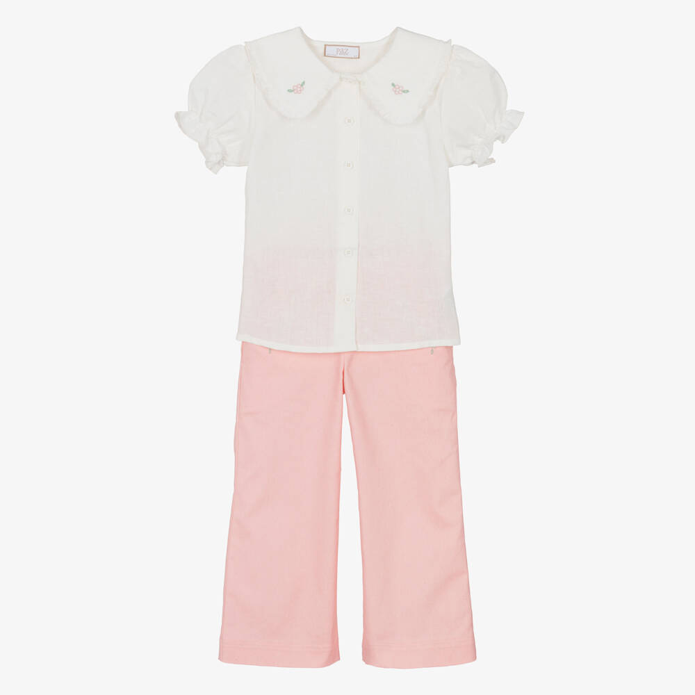 PAZ Rodríguez-Girls Ivory & Pink Trouser Set with Floral Embroidery | Childrensalon Outlet