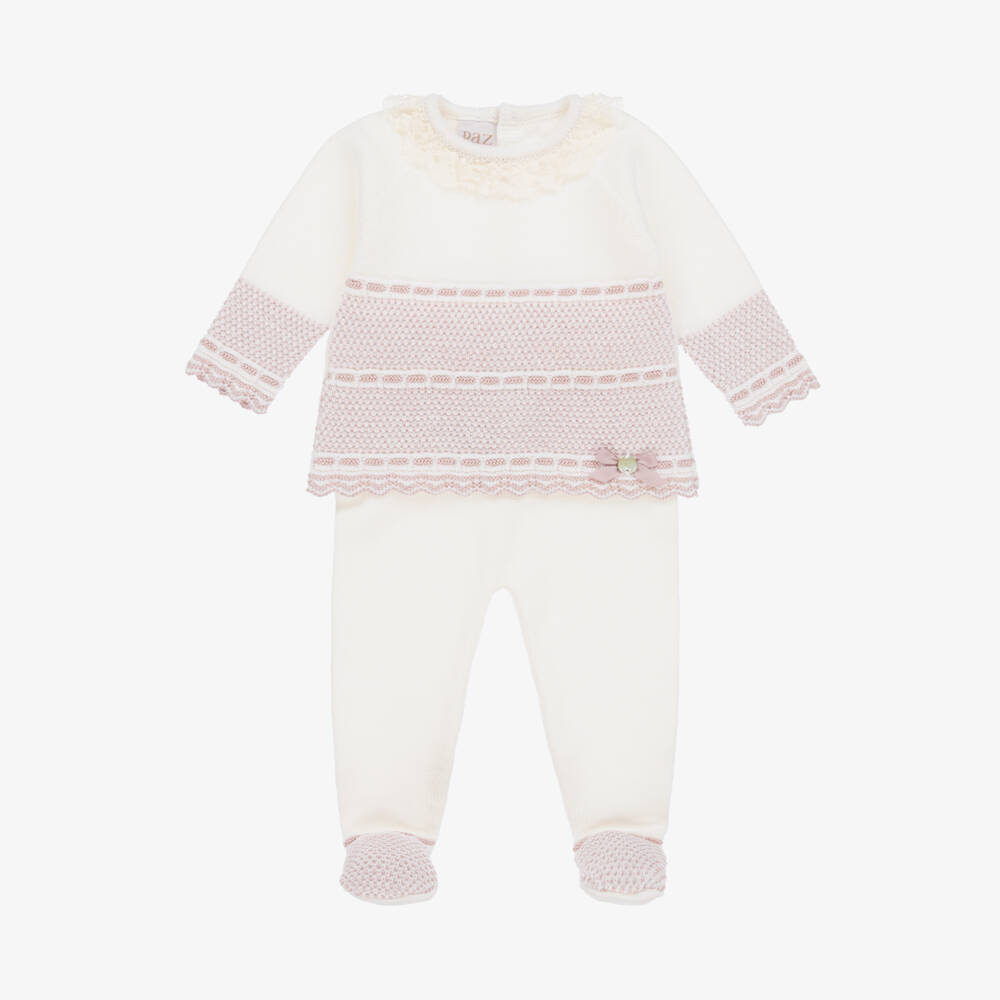 PAZ Rodríguez-Girls Ivory & Pink Wool Babygrow Set | Childrensalon Outlet