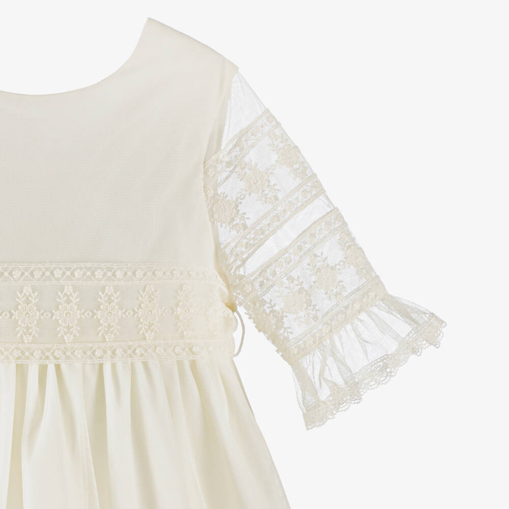 PAZ Rodríguez-Girls Ivory Tulle Dress with Lace Sleeves & Sash Belt | Childrensalon Outlet