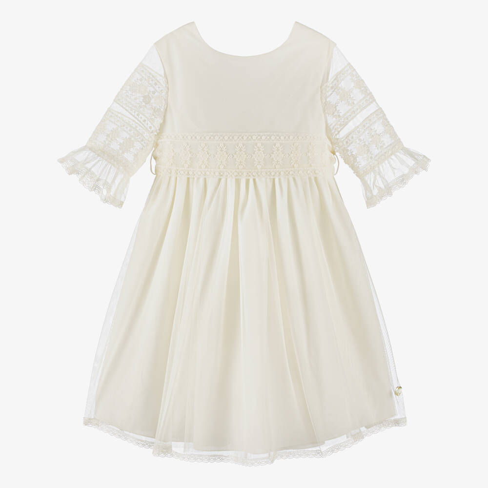 PAZ Rodríguez-Girls Ivory Tulle Dress with Lace Sleeves & Sash Belt | Childrensalon Outlet