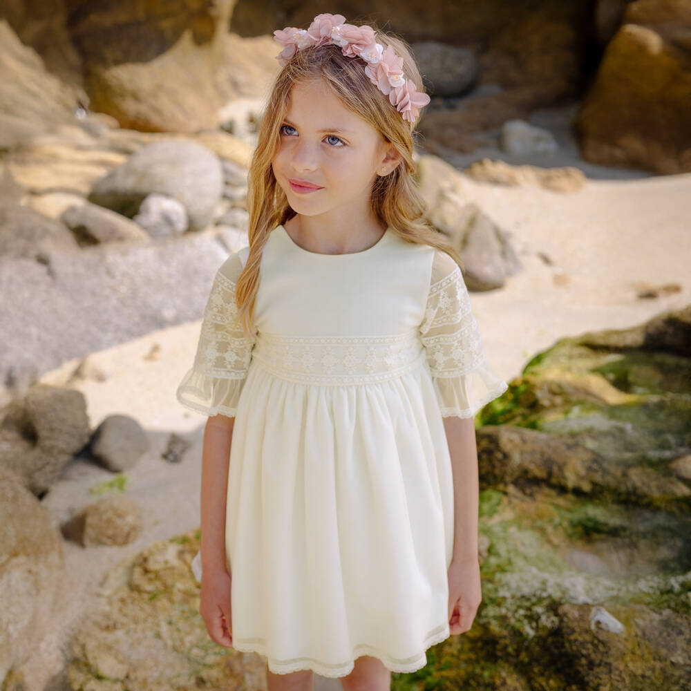 PAZ Rodríguez-Girls Ivory Tulle Dress with Lace Sleeves & Sash Belt | Childrensalon Outlet