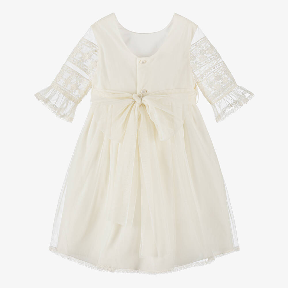 PAZ Rodríguez-Girls Ivory Tulle Dress with Lace Sleeves & Sash Belt | Childrensalon Outlet