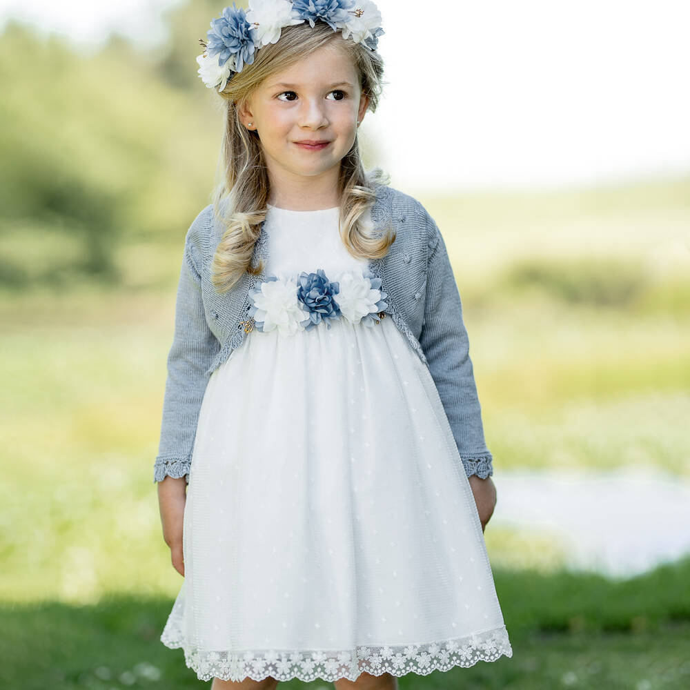 PAZ Rodríguez-فستان قطن وتول لون عاجي مزين بورود | Childrensalon Outlet