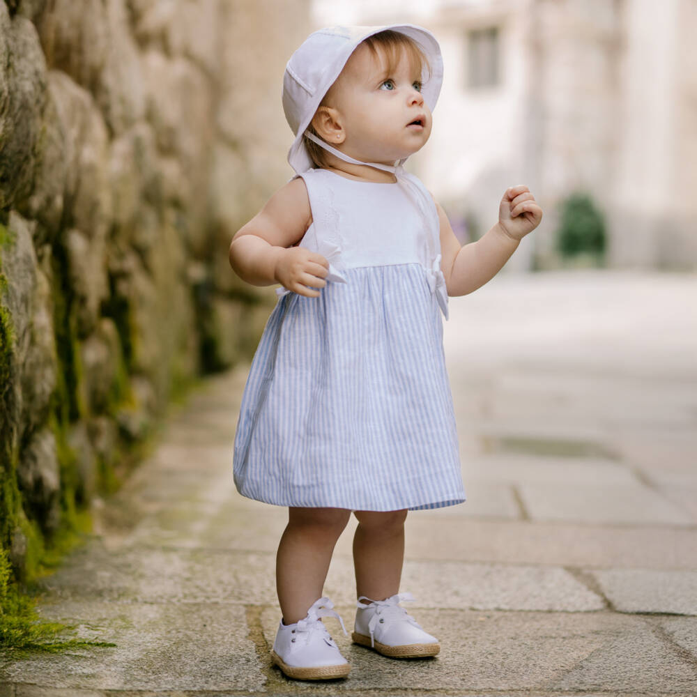 PAZ Rodríguez-Girls Linen Cotton Blue Striped Dress | Childrensalon Outlet