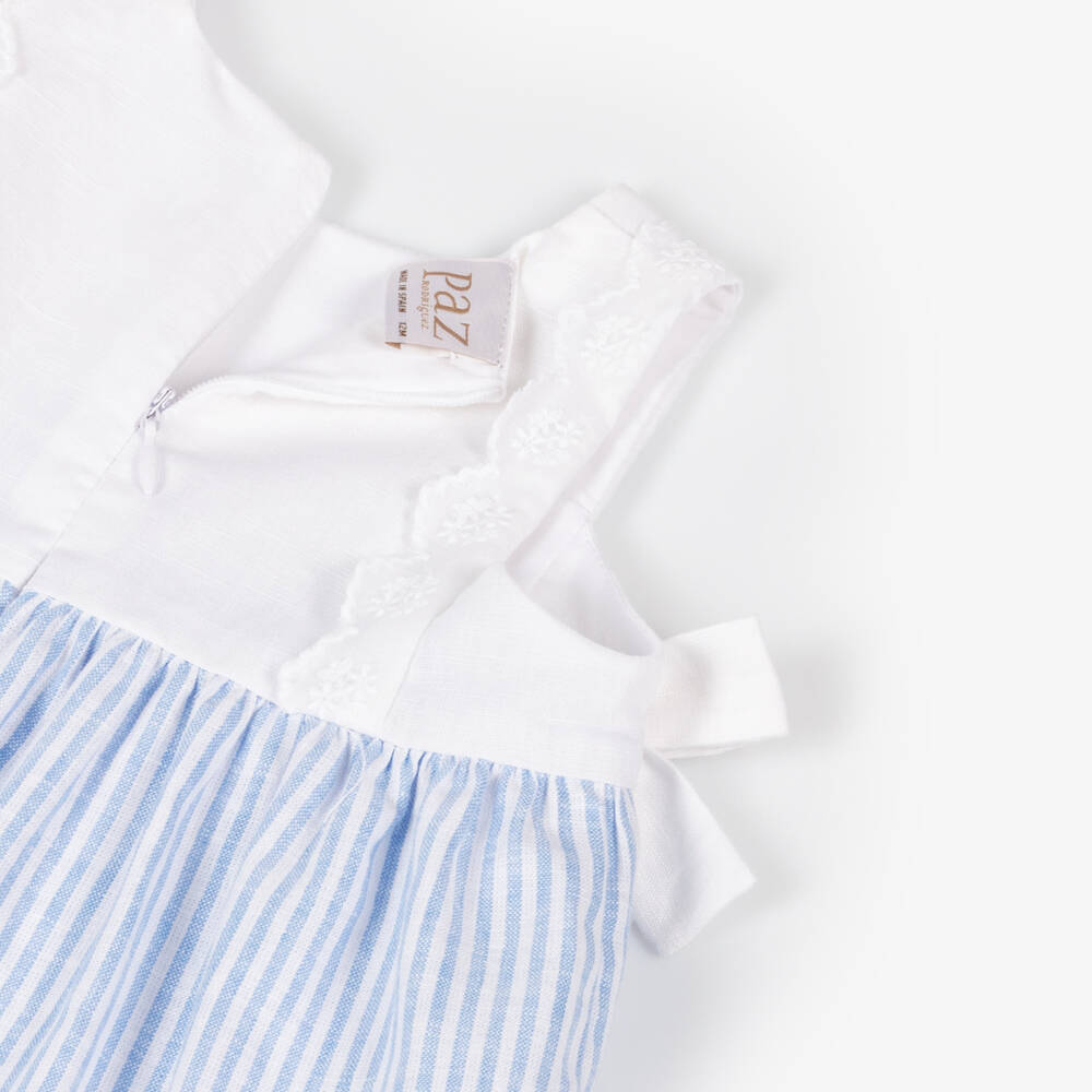 PAZ Rodríguez-Girls Linen Cotton Blue Striped Dress | Childrensalon Outlet
