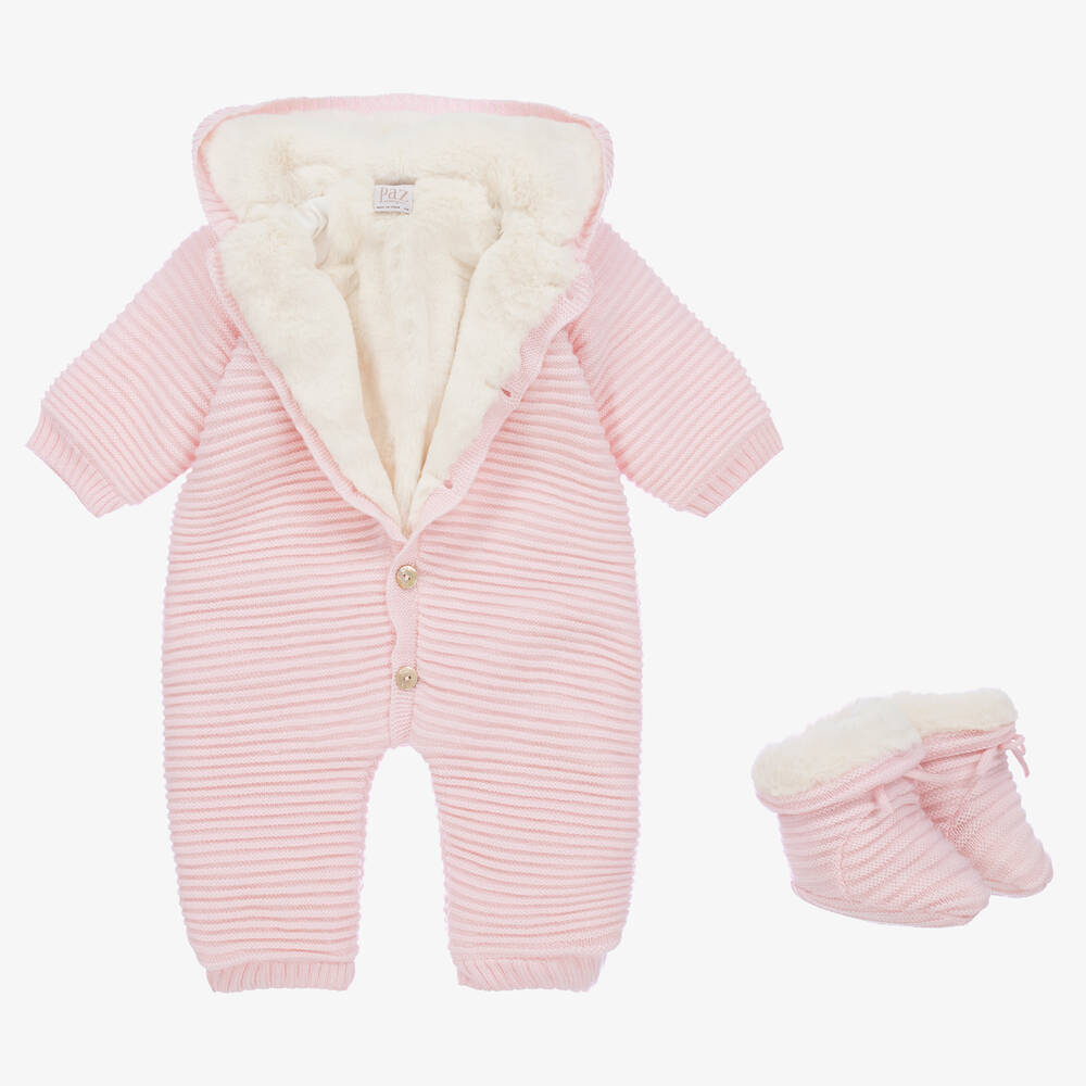 PAZ Rodríguez-Girls Pink Cotton Knit Pramsuit & Booties | Childrensalon Outlet