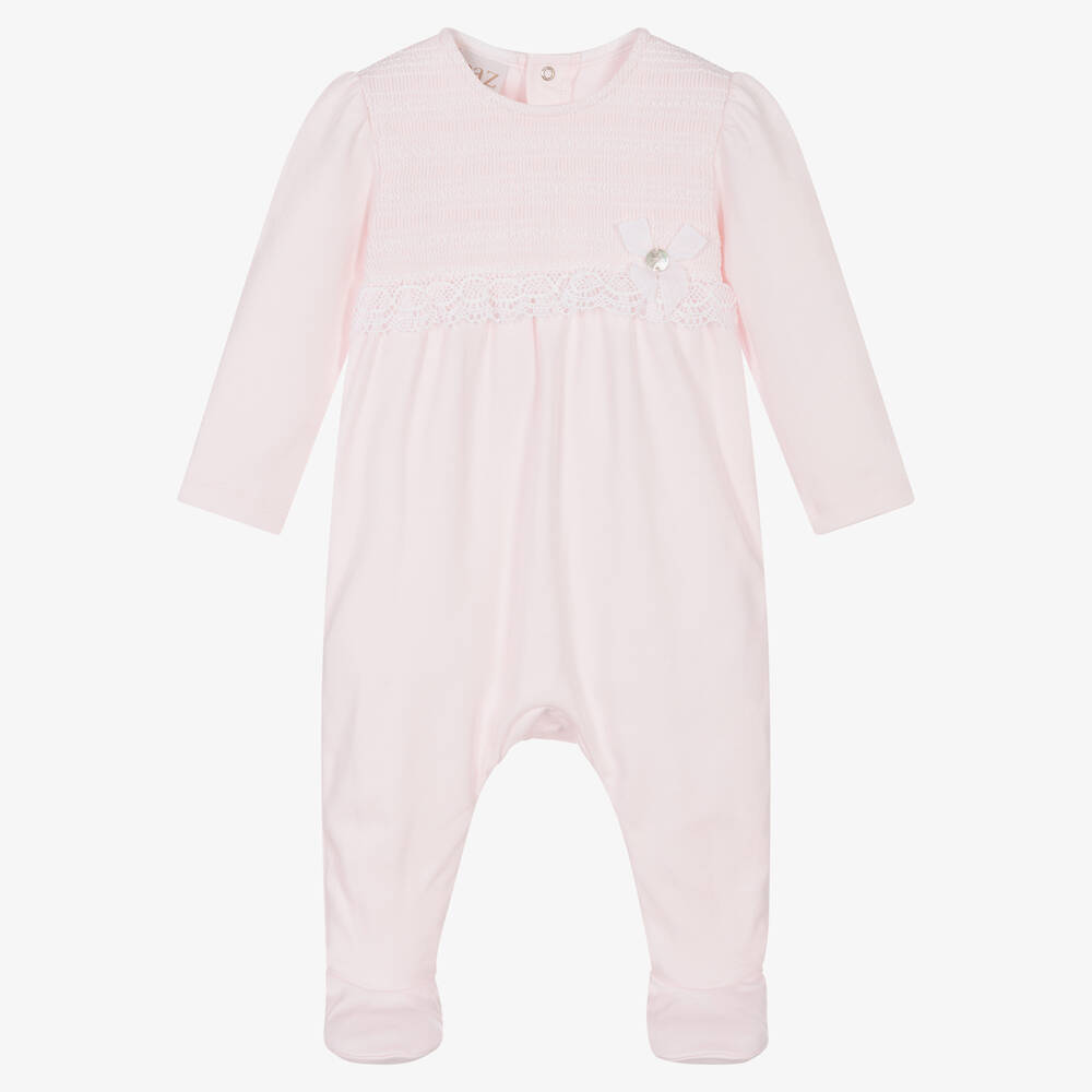 Paz Rodríguez - Girls Pink Cotton & Lace Babygrow | Childrensalon