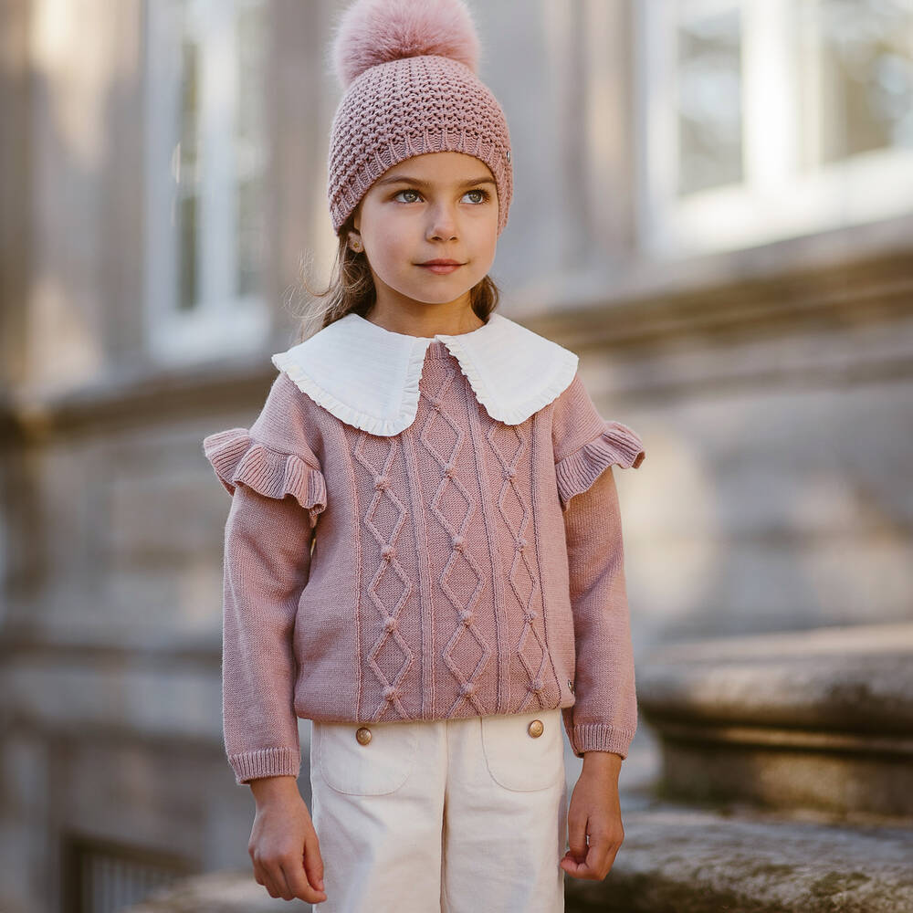 PAZ RODRIGUEZ Girls Pink Knitted Wool Ruffle Sweater