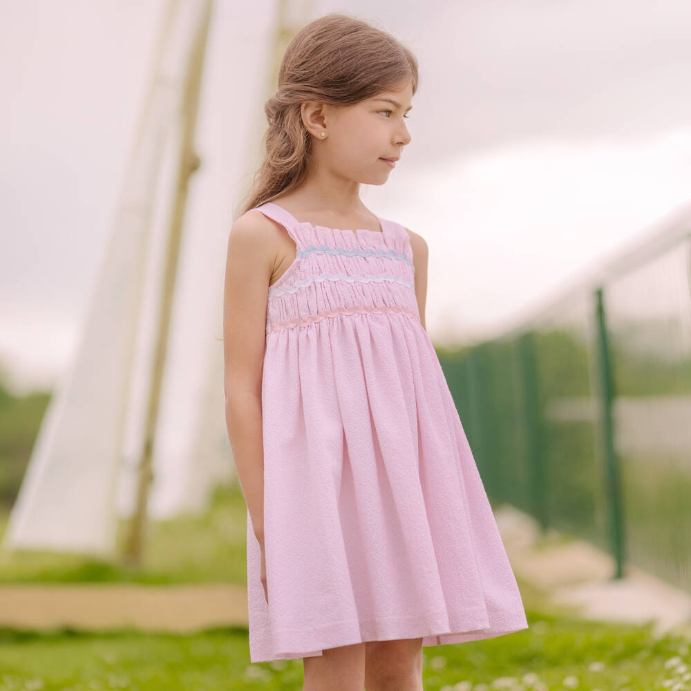PAZ Rodríguez-Girls Pink Seersucker Dress with Ric Rac Trims | Childrensalon Outlet