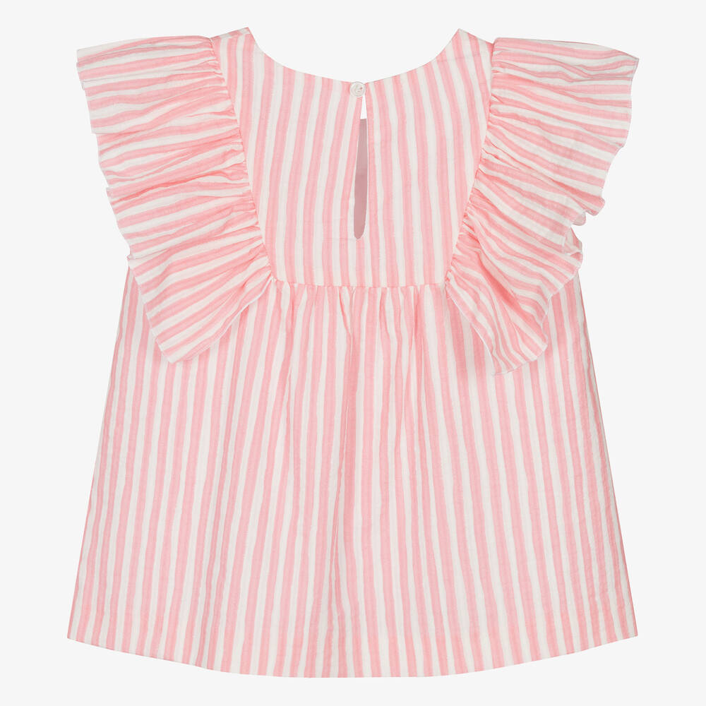 PAZ Rodríguez-Хлопковая блузка в розовую полоску с рюшами для девочек | Childrensalon Outlet