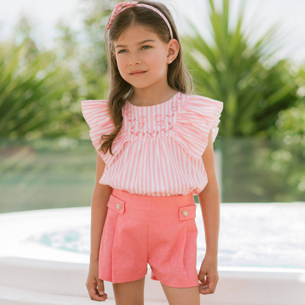 Paz Rodríguez - Girls Pink Stripe Cotton Frill Blouse Paz Rodríguez - Girls Pink Stripe Cotton Frill Blouse