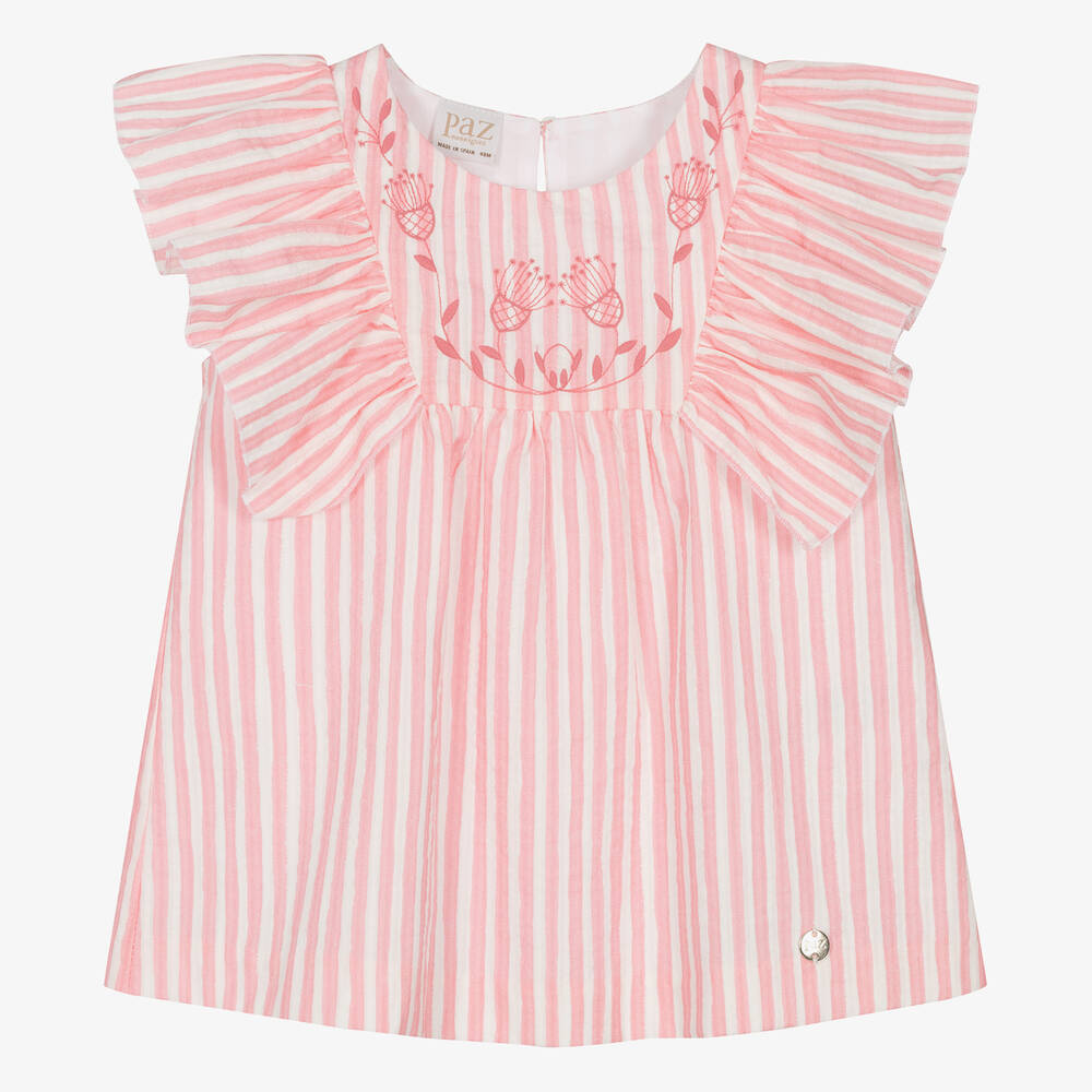 PAZ Rodríguez-Girls Pink Stripe Cotton Frill Blouse | Childrensalon Outlet