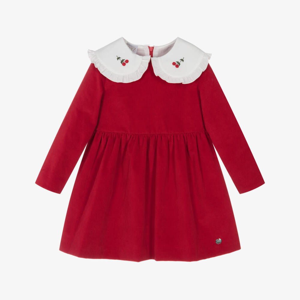PAZ Rodríguez-Girls Red Velvet Dress with Embroidered Cherry Collar | Childrensalon Outlet