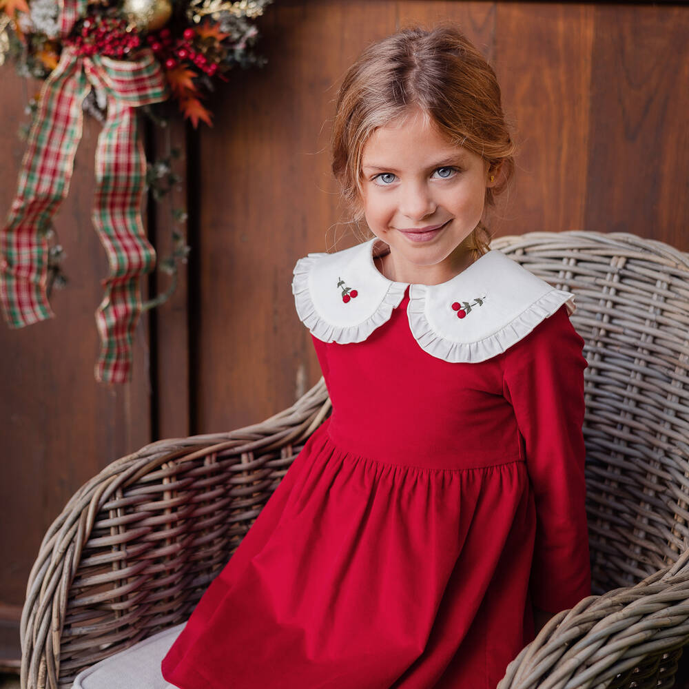 PAZ Rodríguez-Girls Red Velvet Dress with Embroidered Cherry Collar | Childrensalon Outlet