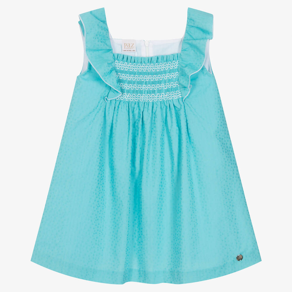 Paz Rodríguez - Girls Turquoise Blue Cotton Dress | Childrensalon
