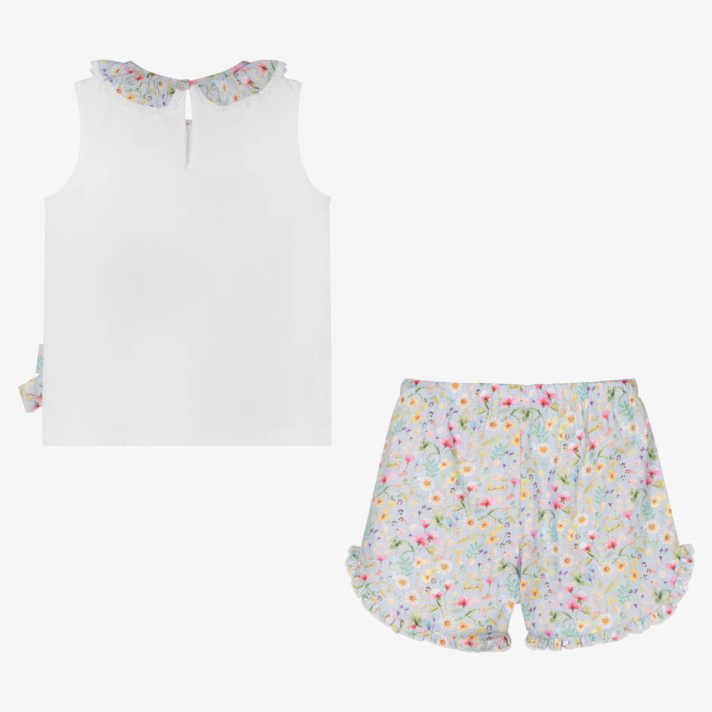 باز رودريغيز-طقم شورت قطن لون أبيض وأزرق للبنات | Childrensalon Outlet