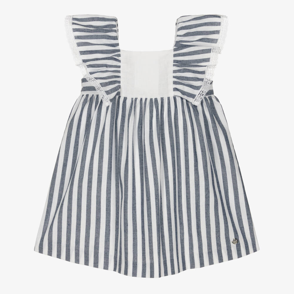 PAZ Rodríguez-Girls White & Navy Blue Stripe Cotton Dress | Childrensalon Outlet