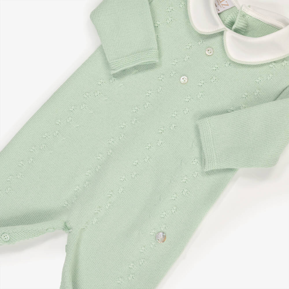 PAZ Rodríguez-Green Wool Knit Babygrow with White Cotton Collar | Childrensalon Outlet