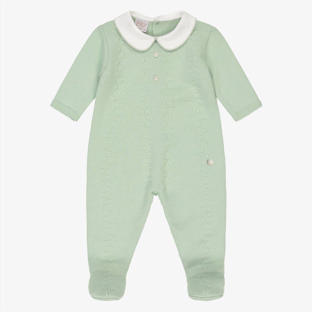 PAZ Rodríguez-Green Wool Knit Babygrow with White Cotton Collar | Childrensalon Outlet