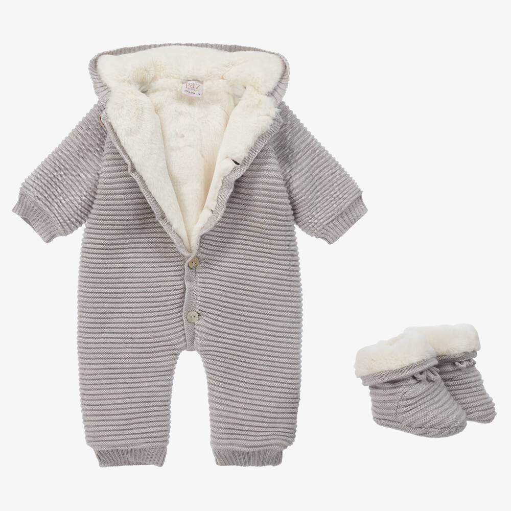 PAZ Rodríguez-Grey Cotton Knit Pramsuit & Booties | Childrensalon Outlet