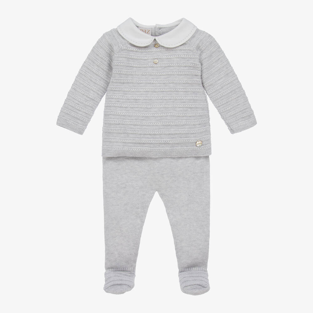 PAZ Rodríguez-Grey Knitted Cotton 2 Piece Babygrow | Childrensalon Outlet