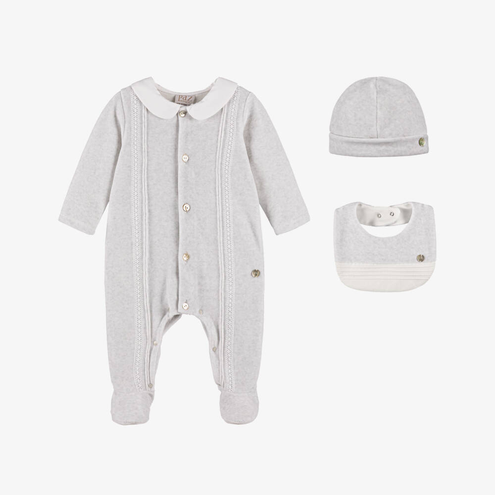 PAZ Rodríguez-Grey Marl Velour Babygrow, Hat & Bib Set | Childrensalon Outlet