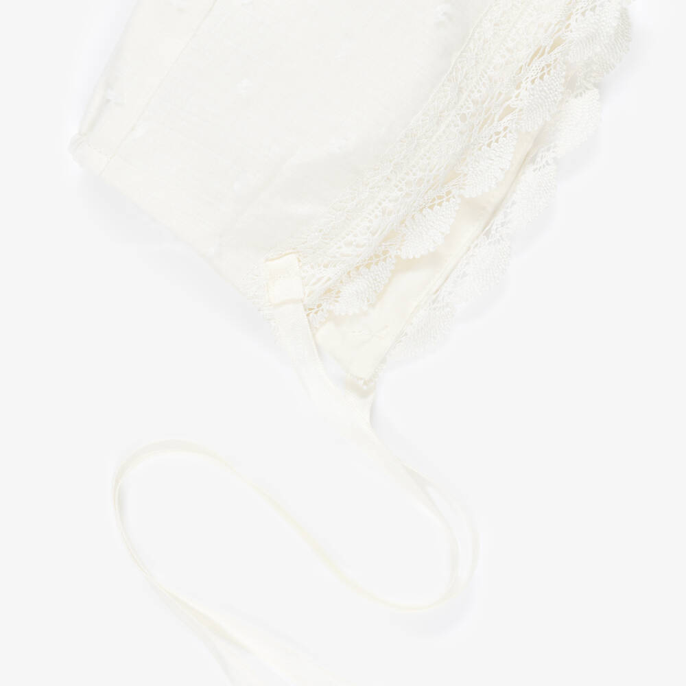 PAZ Rodríguez-Ivory Cotton Baby Bonnet with Lace Trim | Childrensalon Outlet