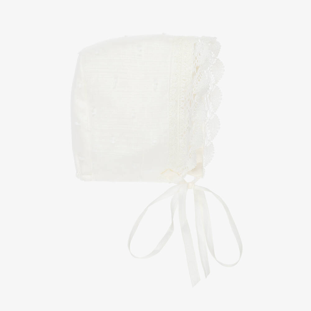 PAZ Rodríguez-Ivory Cotton Baby Bonnet with Lace Trim | Childrensalon Outlet