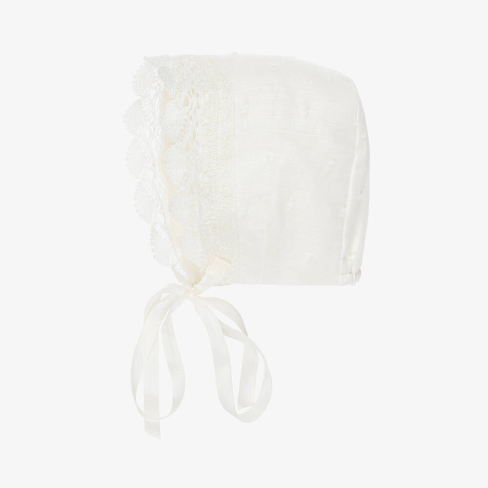 PAZ Rodríguez-Ivory Cotton Baby Bonnet with Lace Trim | Childrensalon Outlet