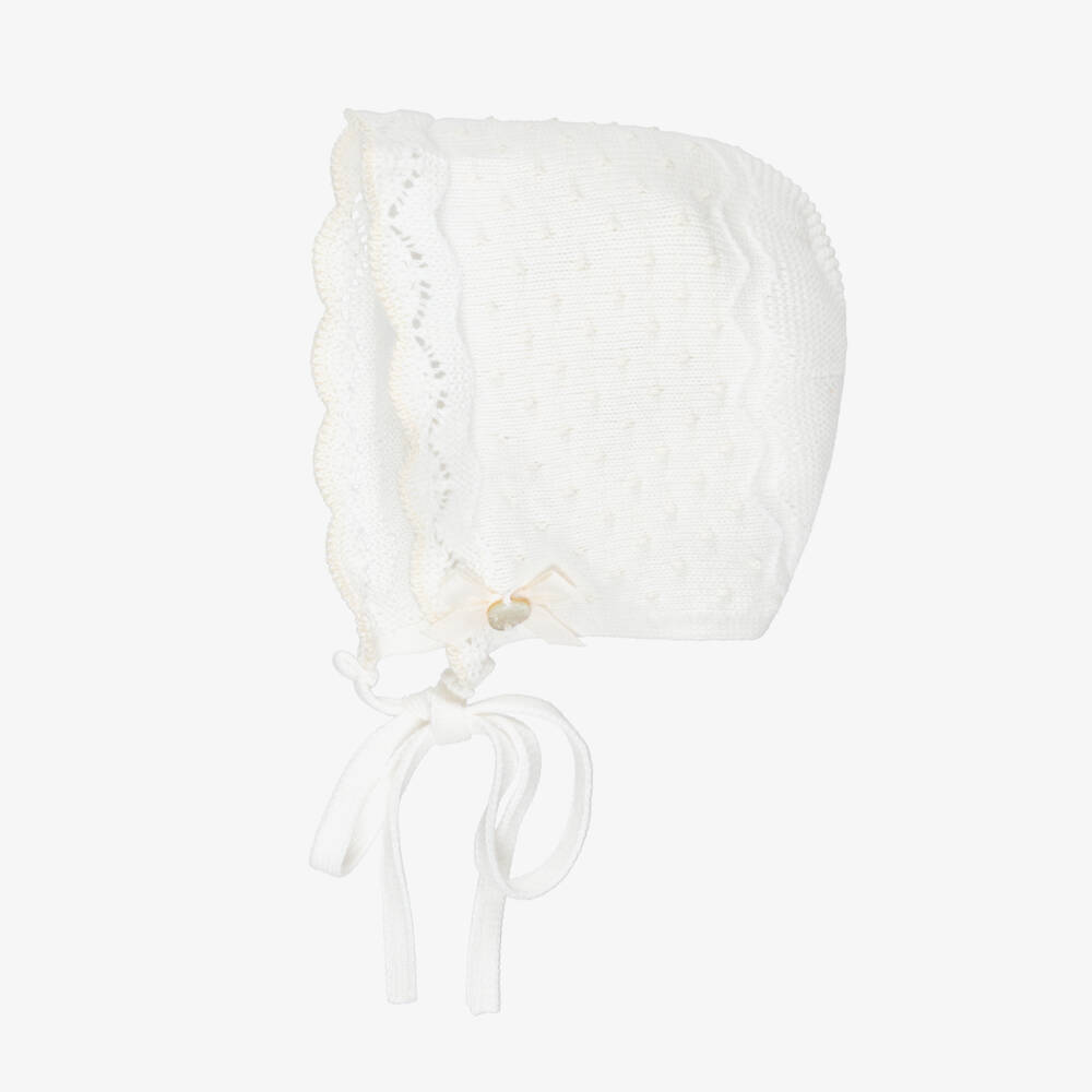 PAZ Rodríguez-Ivory Cotton Knit Baby Bonnet with Knot Stitch Detail | Childrensalon Outlet