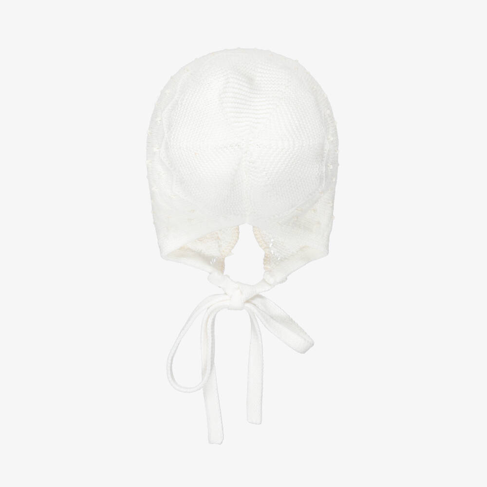 PAZ Rodríguez-Ivory Cotton Knit Baby Bonnet with Knot Stitch Detail | Childrensalon Outlet
