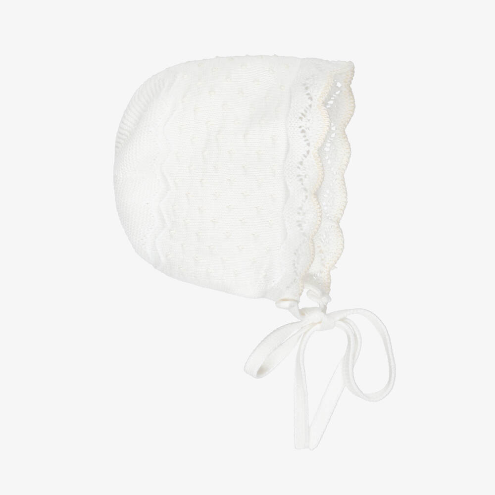 PAZ Rodríguez-Ivory Cotton Knit Baby Bonnet with Knot Stitch Detail | Childrensalon Outlet
