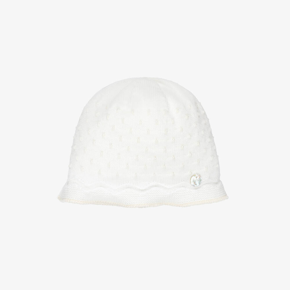 PAZ Rodríguez-Ivory Cotton Knit Baby Hat with Knot Stitch Detail | Childrensalon Outlet