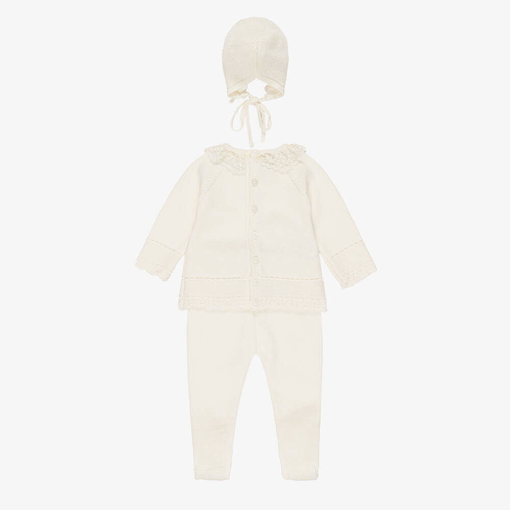 PAZ Rodríguez-Ivory Knitted Wool Babygrow & Bonnet Set | Childrensalon Outlet