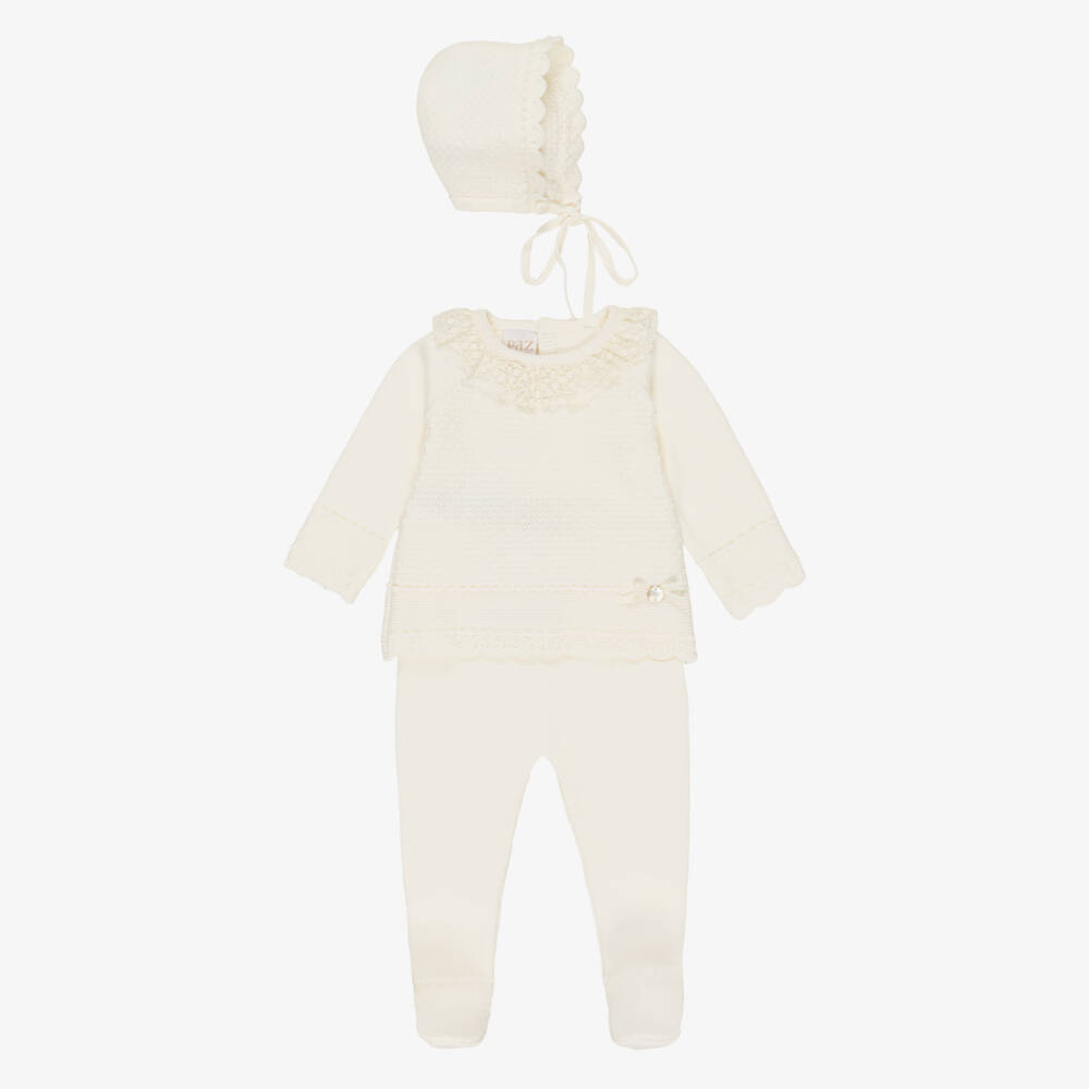 PAZ Rodríguez-Ivory Knitted Wool Babygrow & Bonnet Set | Childrensalon Outlet