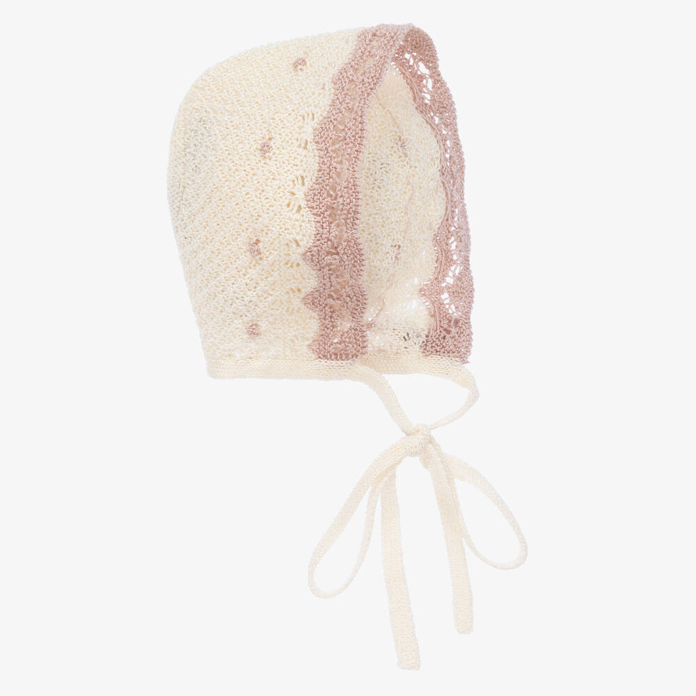 Paz Rodríguez - Ivory & Pink Cotton Knit Baby Bonnet | Childrensalon