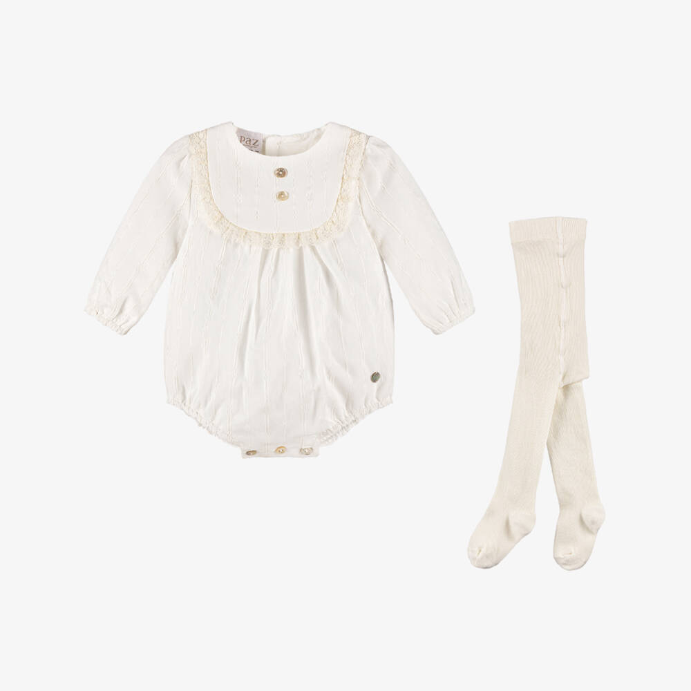 PAZ Rodríguez-Ivory Striped Cotton Shortie & Tights Set | Childrensalon Outlet