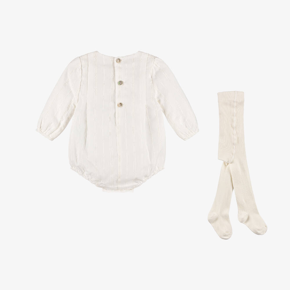 PAZ Rodríguez-Ivory Striped Cotton Shortie & Tights Set | Childrensalon Outlet