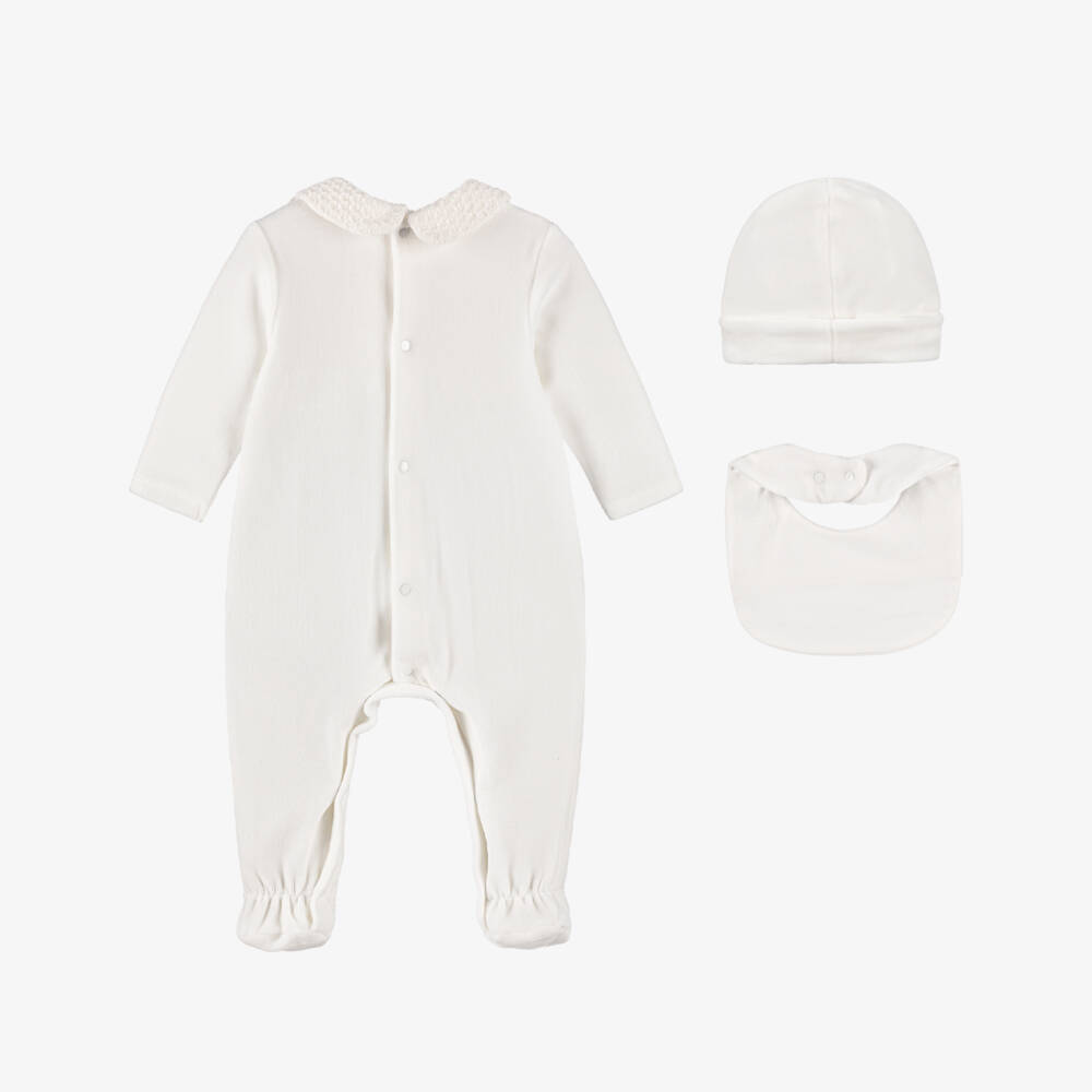 PAZ Rodríguez-Ivory Velour Babygrow, Hat & Bib Set | Childrensalon Outlet