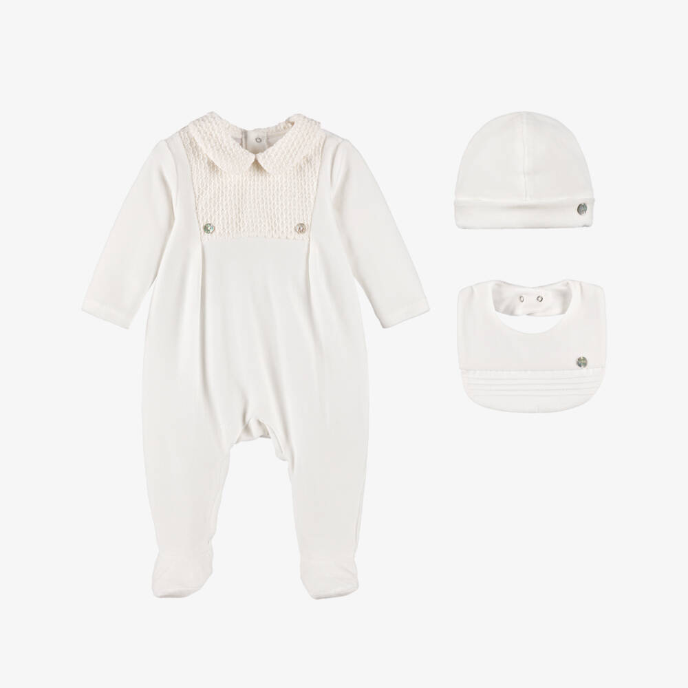 PAZ Rodríguez-Ivory Velour Babygrow, Hat & Bib Set | Childrensalon Outlet