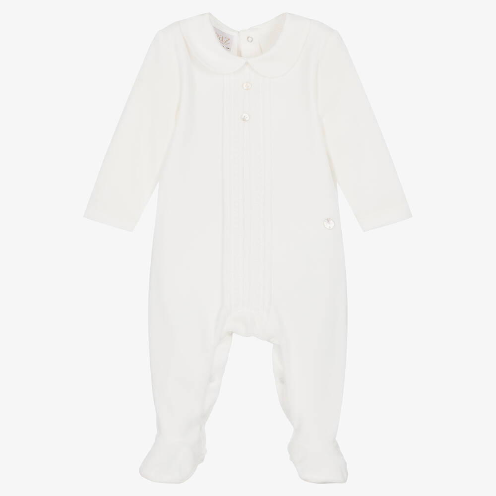 Paz Rodríguez - Ivory Velour Collared Babygrow  | Childrensalon