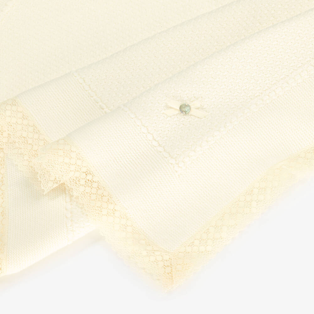 PAZ Rodríguez-Ivory Wool Baby Shawl with Lace Trim (100cm) | Childrensalon Outlet