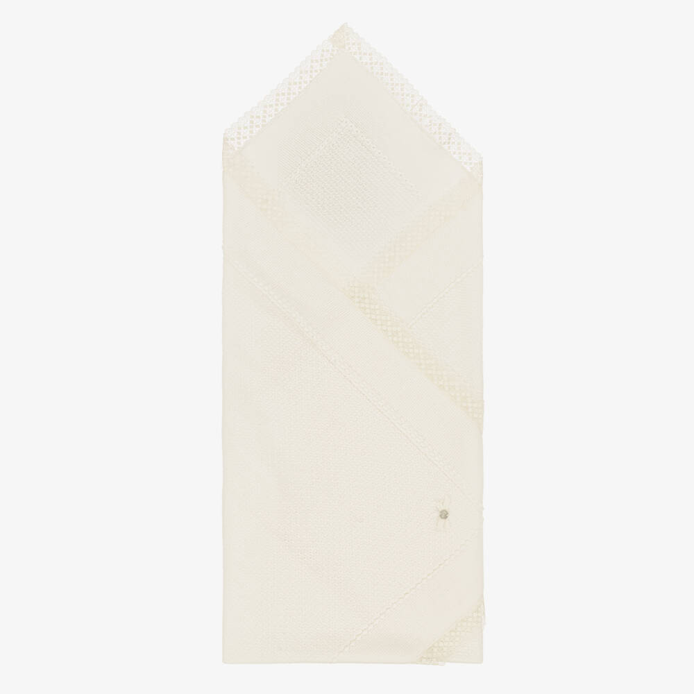 PAZ Rodríguez-Ivory Wool Baby Shawl with Lace Trim (100cm) | Childrensalon Outlet