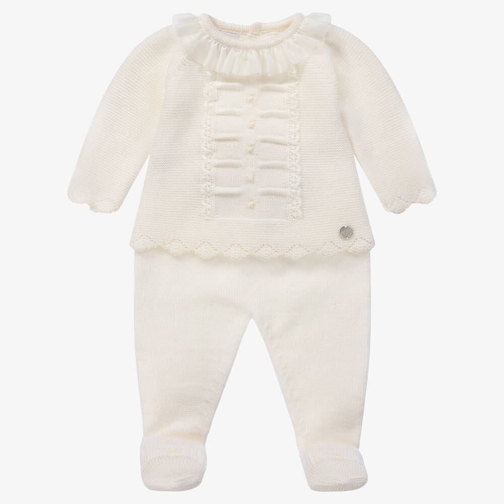 Paz Rodríguez - Ivory Wool Knit Two Piece Babygrow | Childrensalon