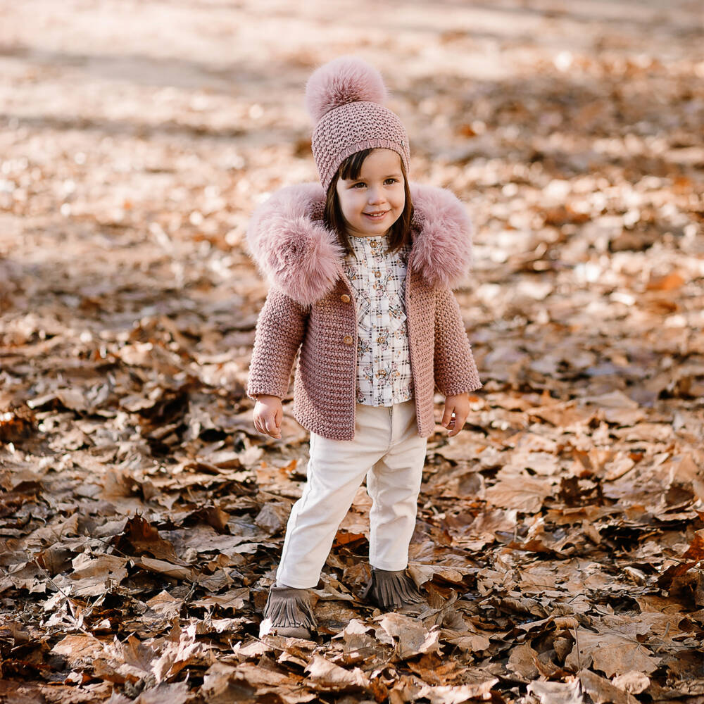 PAZ Rodríguez-Pink Knitted Jacket with Faux Fur Collar | Childrensalon Outlet