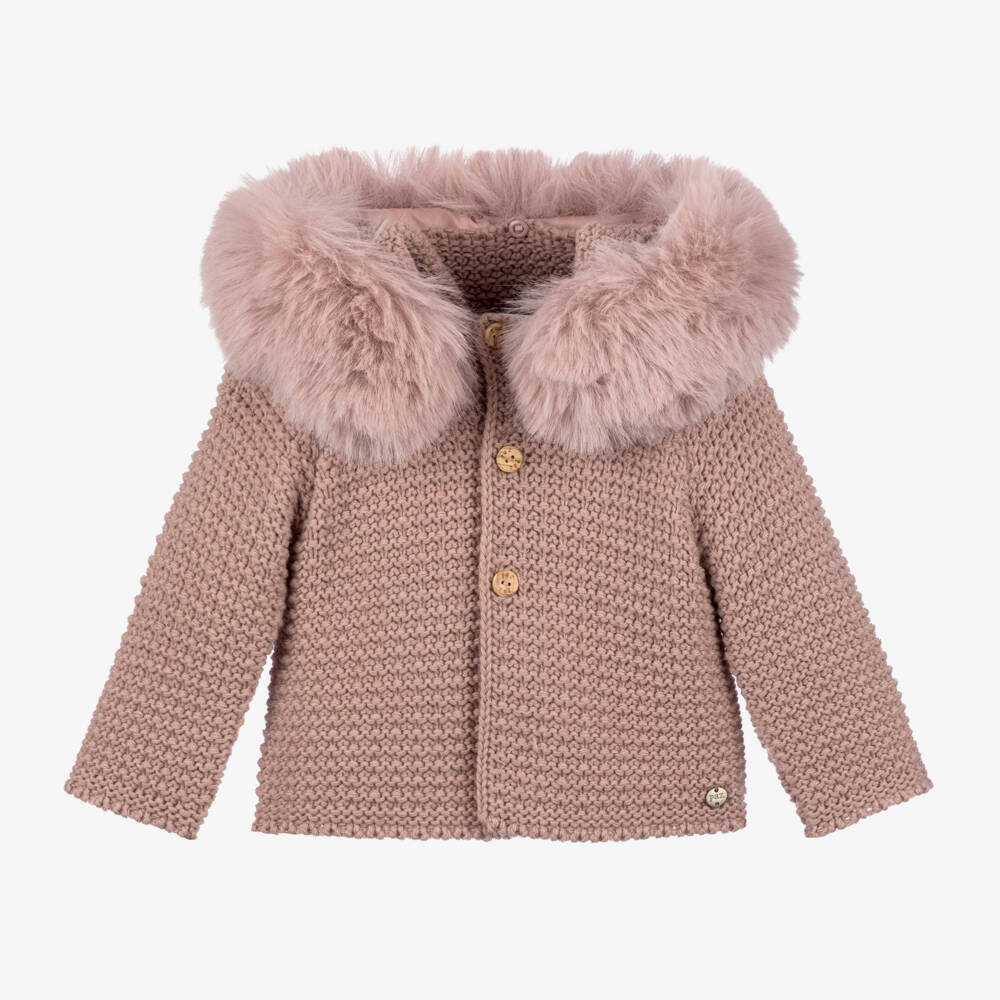 PAZ Rodríguez-Pink Knitted Jacket with Faux Fur Collar | Childrensalon Outlet