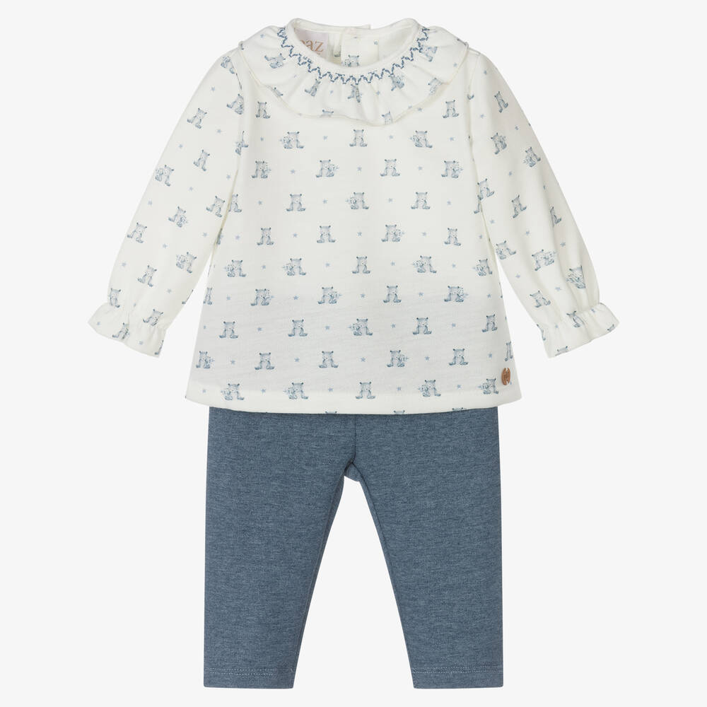 PAZ Rodríguez-طقم بنطلون قطن لون أبيض وأزرق للمولودات | Childrensalon Outlet