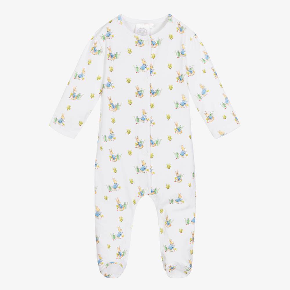 Peter Rabbit™ by Childrensalon-Boys White Blue Printed Romper | Childrensalon Outlet