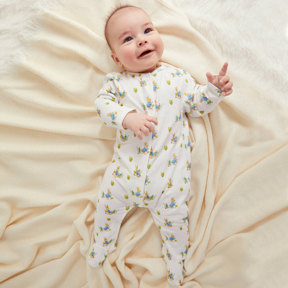 Peter Rabbit™ by Childrensalon-Boys White Blue Printed Romper | Childrensalon Outlet
